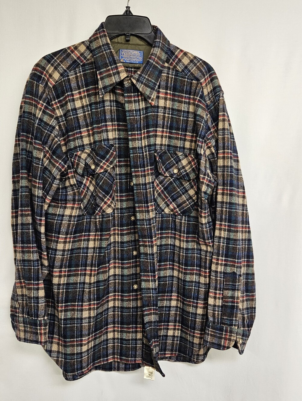 Pendleton Vintage Plaid Wool Western Wear Shirt Large Blue Tan Beige Tartan